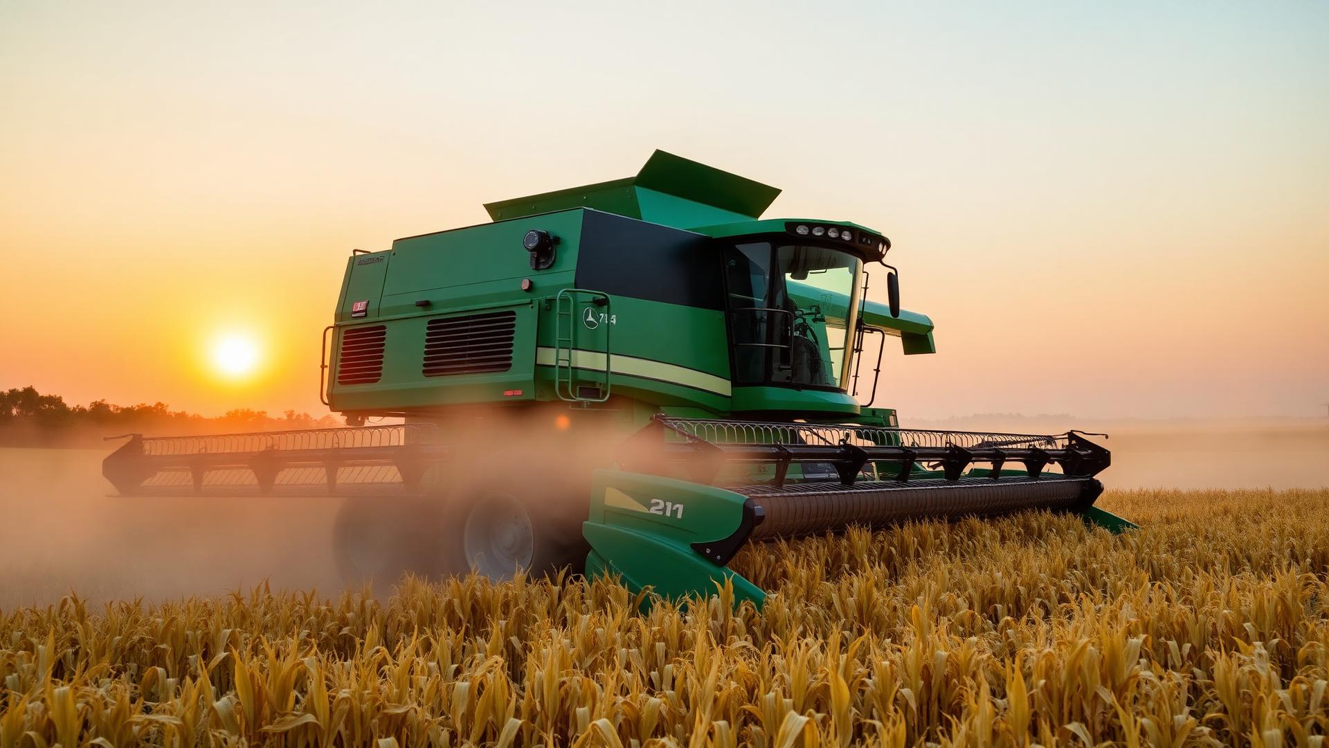 Colheitadeira em lavoura ao pôr do sol representando produção rural financiada